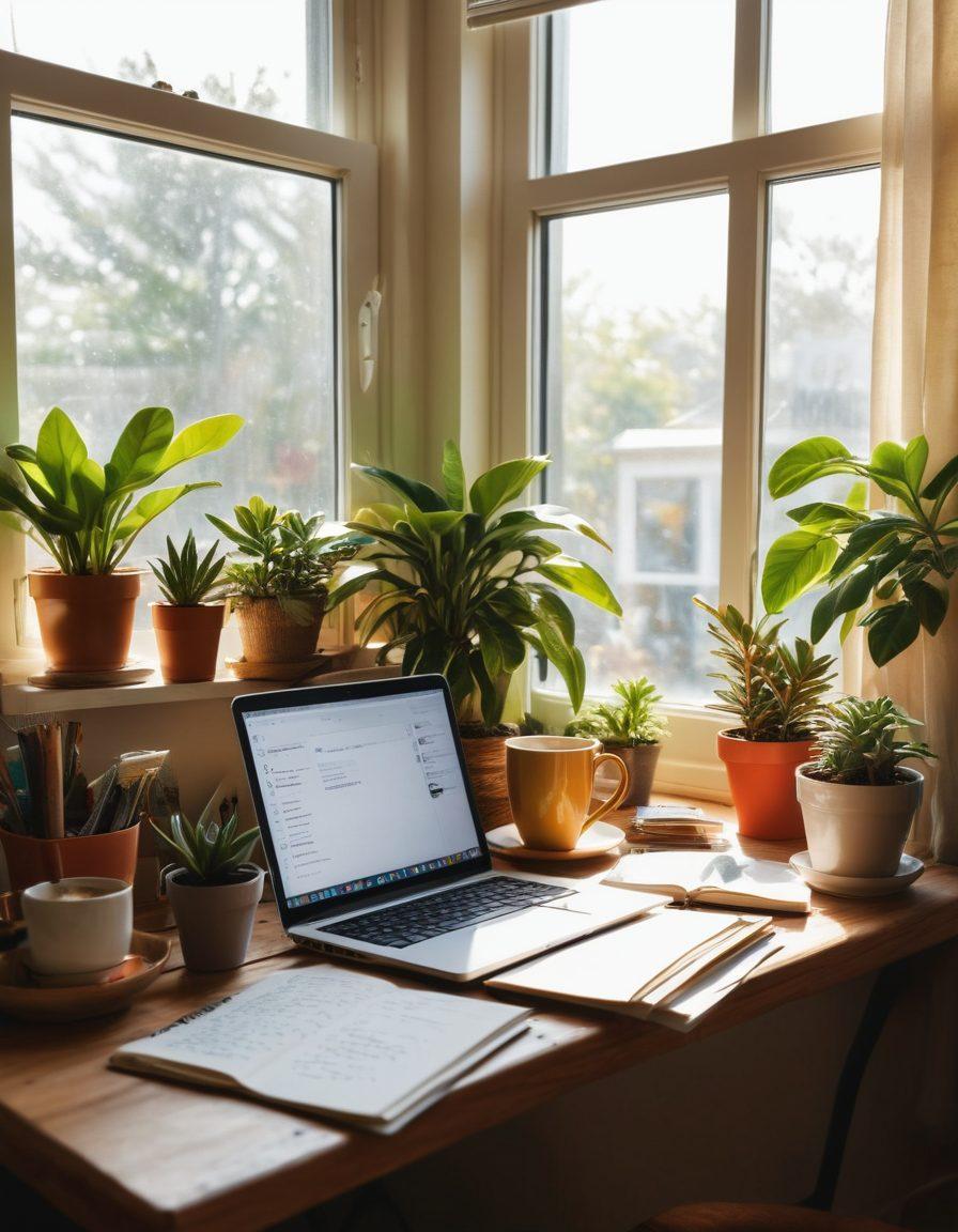 A cozy workspace decorated with a warm coffee cup, open laptop, vibrant houseplants, and scattered journals filled with handwritten notes. Sunlight filters through a window, casting cheerful rays on an inviting atmosphere filled with creativity and inspiration. Include a small shelf with books about blogging and lifestyle. bright colors. super-realistic. inviting ambiance.