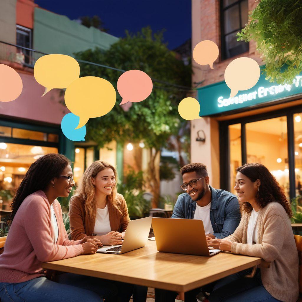 A warm and inviting community scene depicting diverse individuals engaging in meaningful conversations and sharing ideas, with laptops and notebooks in hand. Colorful speech bubbles float around, symbolizing lively discussions and connections made through blogging. The background features a cozy café setting with greenery and soft lighting, creating a welcoming atmosphere. super-realistic. vibrant colors. warm tones.