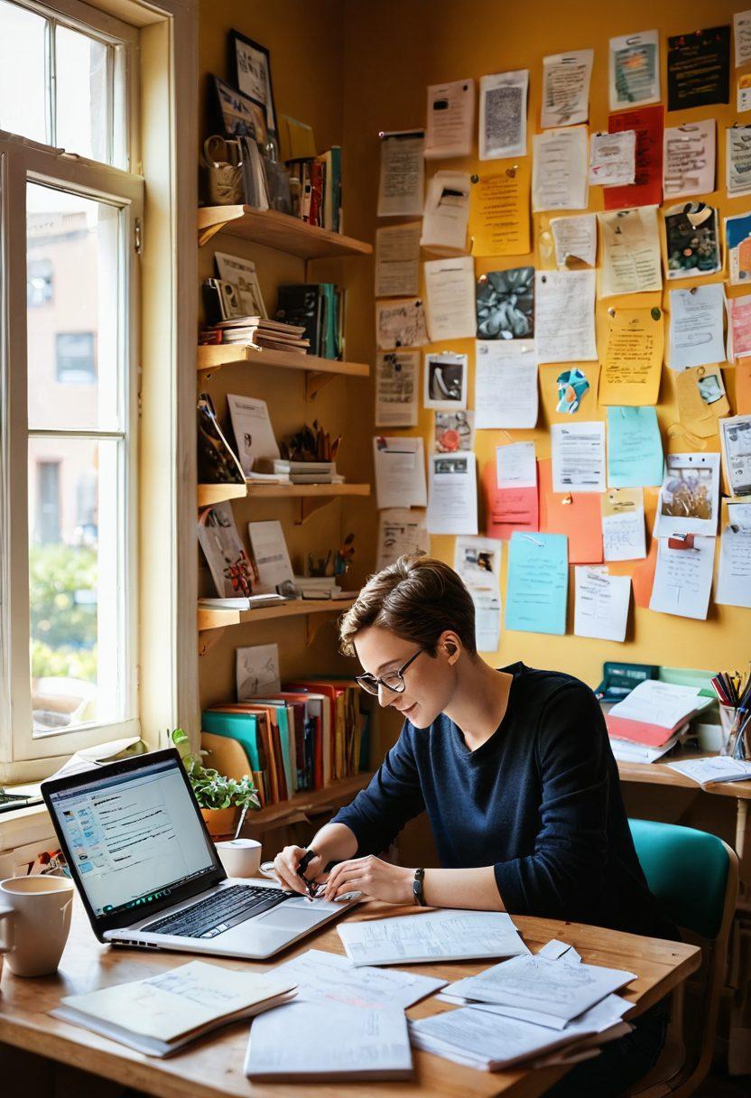 A vibrant workspace scene featuring a joyful writer passionately typing on a laptop, surrounded by open books filled with insightful notes. In the background, a bulletin board displays inspiring quotes and ideas, with coffee and colorful stationery scattered across the desk. Sunlight streams through a window, casting a warm glow on the scene, creating an atmosphere of creativity and inspiration. super-realistic. vibrant colors. cozy setting.